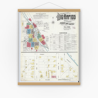 Old map wall art mockup — magnetic wood frame on white wall — Sanborn Fire Insurance Map from Big Rapids, Mecosta County, Michigan (1908), Sheet #0001