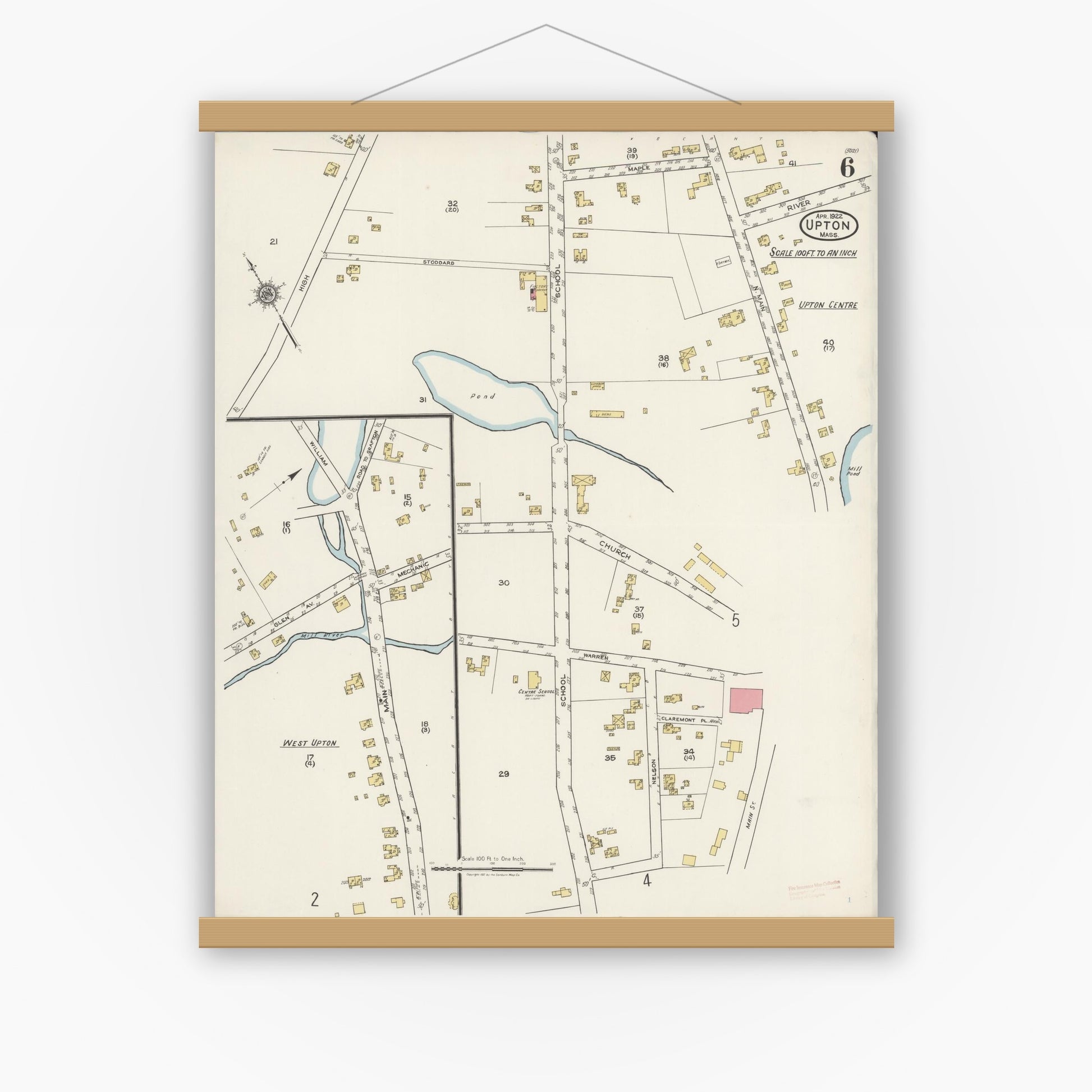 Old map wall art mockup — magnetic wood frame on white wall — Sanborn Fire Insurance Map from Upton, Worcester County, Massachusetts (1922), Sheet #0006