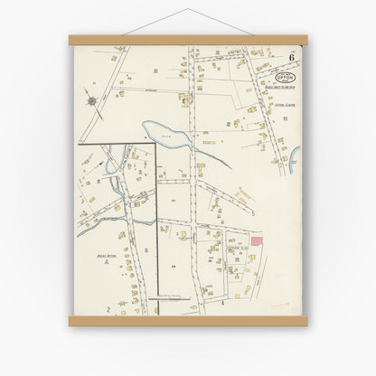 Old map wall art mockup — magnetic wood frame on white wall — Sanborn Fire Insurance Map from Upton, Worcester County, Massachusetts (1922), Sheet #0006