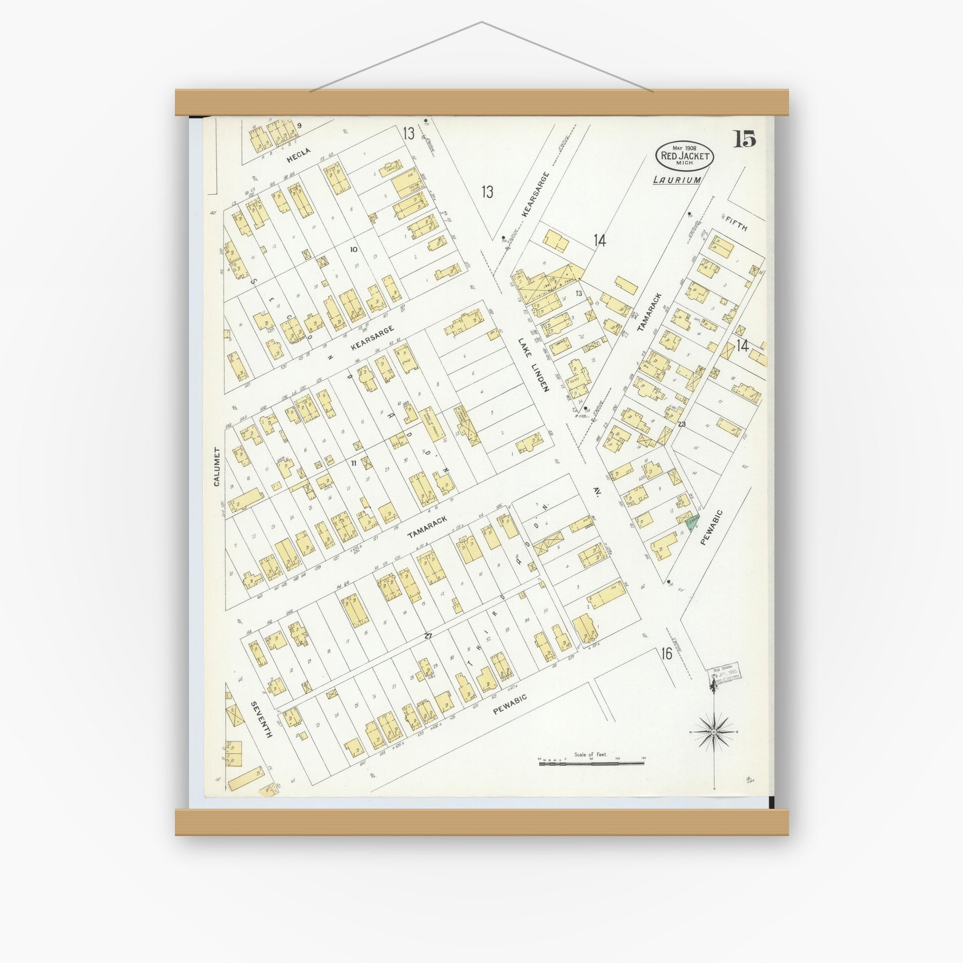 Old map wall art mockup — magnetic wood frame on white wall — Sanborn Fire Insurance Map from Red Jacket, Houghton County, Michigan (1908), Sheet #0015