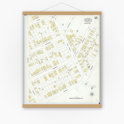 Old map wall art mockup — magnetic wood frame on white wall — Sanborn Fire Insurance Map from Red Jacket, Houghton County, Michigan (1908), Sheet #0015
