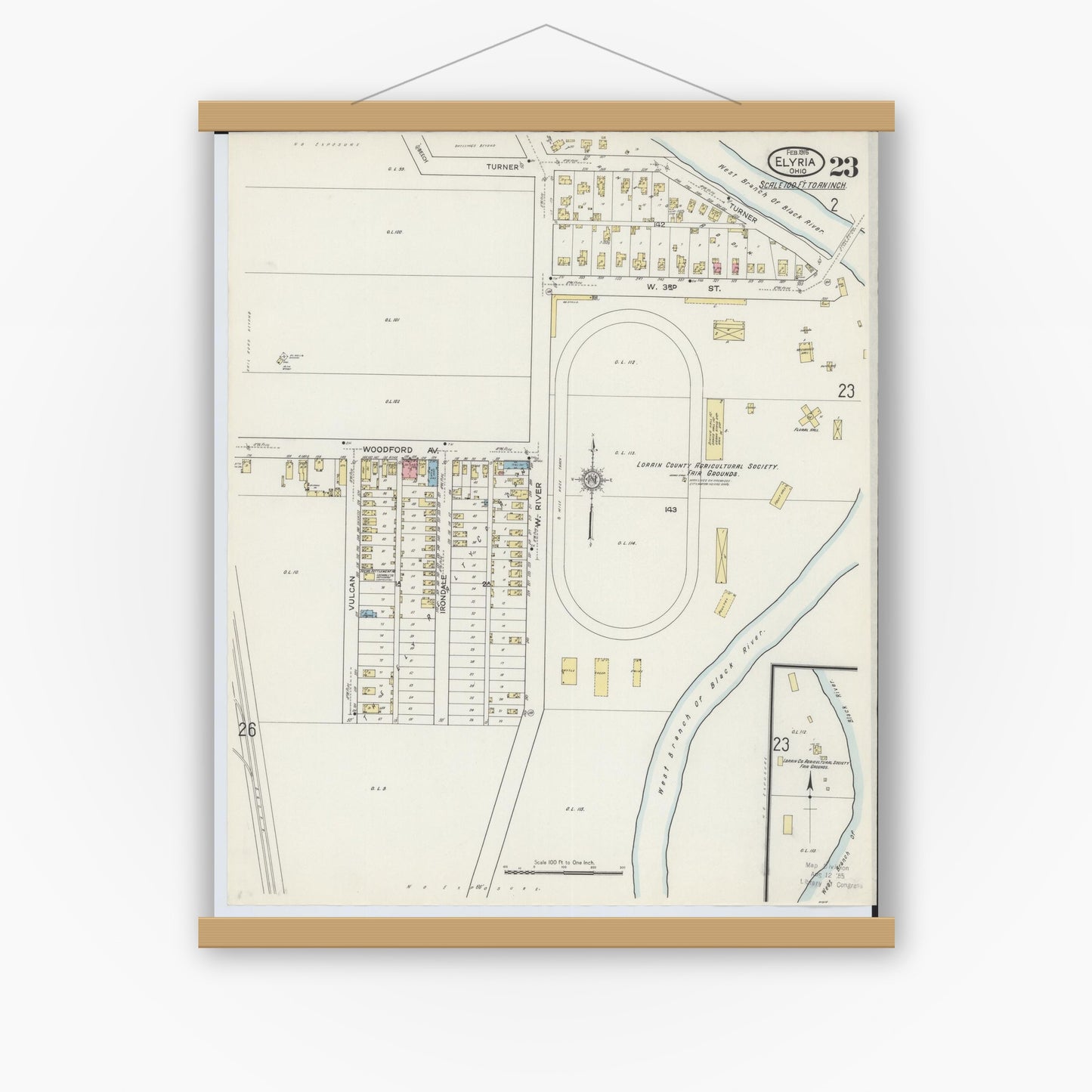 Old map wall art mockup — magnetic wood frame on white wall — Sanborn Fire Insurance Map from Elyria, Lorain County, Ohio (1915), Sheet #0023