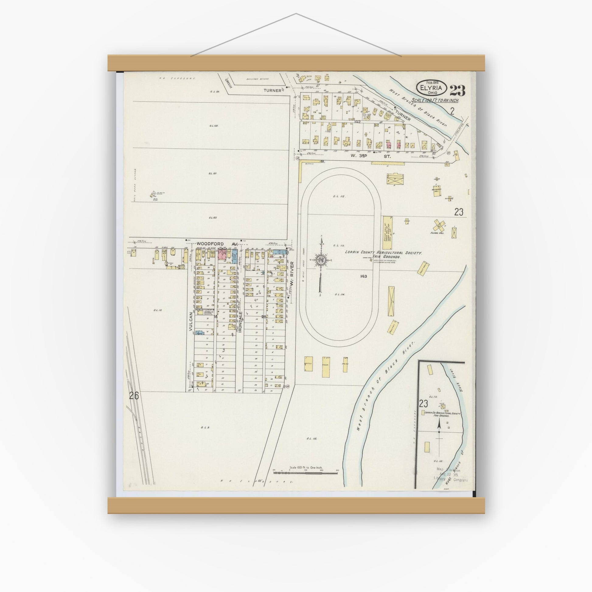 Old map wall art mockup — magnetic wood frame on white wall — Sanborn Fire Insurance Map from Elyria, Lorain County, Ohio (1915), Sheet #0023