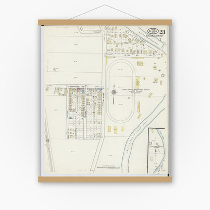 Old map wall art mockup — magnetic wood frame on white wall — Sanborn Fire Insurance Map from Elyria, Lorain County, Ohio (1915), Sheet #0023