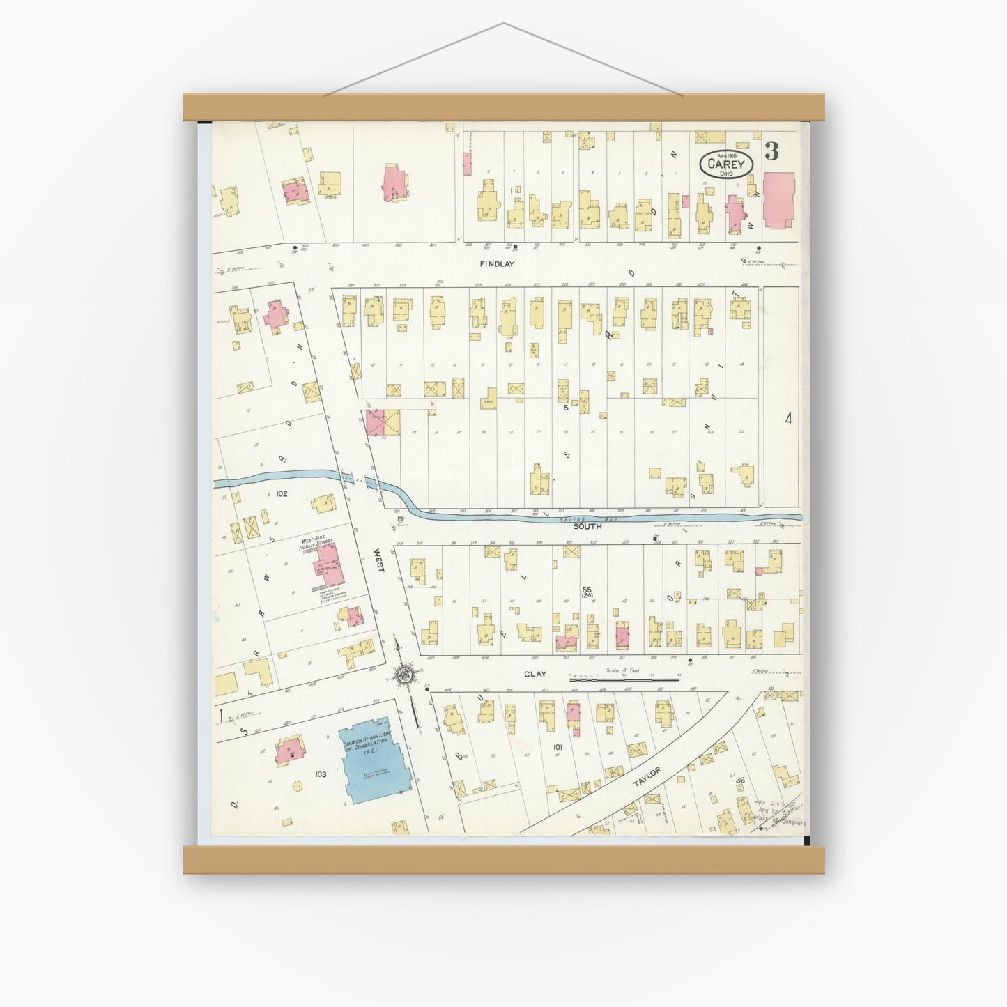Old map wall art mockup — magnetic wood frame on white wall — Sanborn Fire Insurance Map from Carey, Wyandot County, Ohio (1916), Sheet #0003