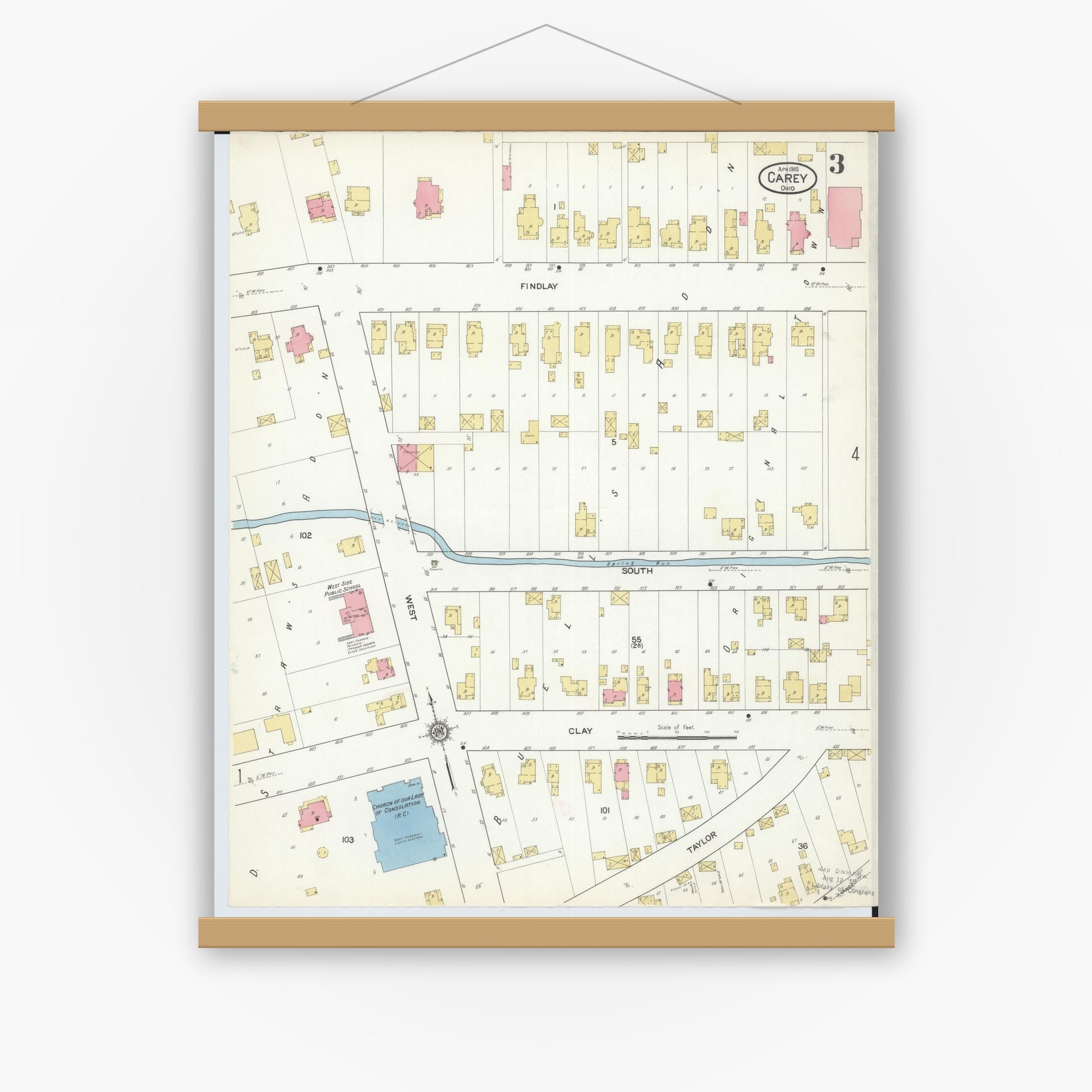 Old map wall art mockup — magnetic wood frame on white wall — Sanborn Fire Insurance Map from Carey, Wyandot County, Ohio (1916), Sheet #0003