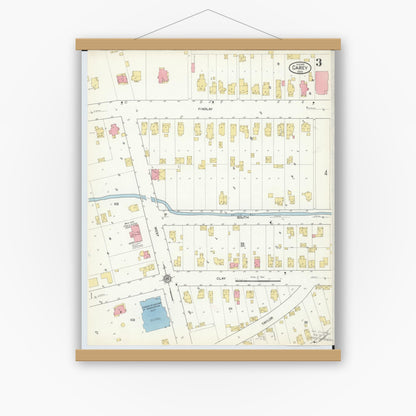 Old map wall art mockup — magnetic wood frame on white wall — Sanborn Fire Insurance Map from Carey, Wyandot County, Ohio (1916), Sheet #0003