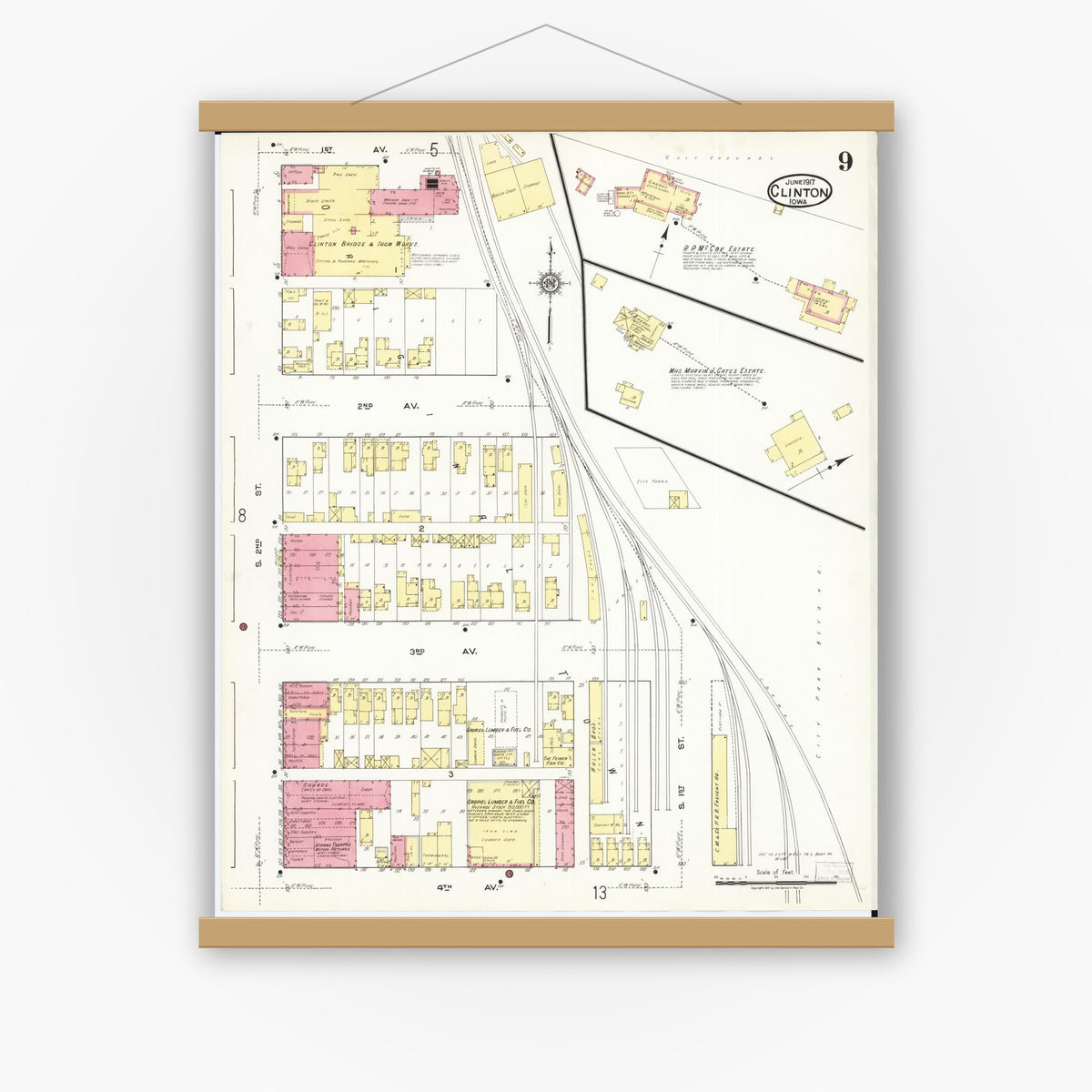 Old map wall art mockup — magnetic wood frame on white wall — Sanborn Fire Insurance Map from Clinton, Clinton County, Iowa (1917), Sheet #0009