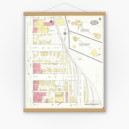 Old map wall art mockup — magnetic wood frame on white wall — Sanborn Fire Insurance Map from Clinton, Clinton County, Iowa (1917), Sheet #0009