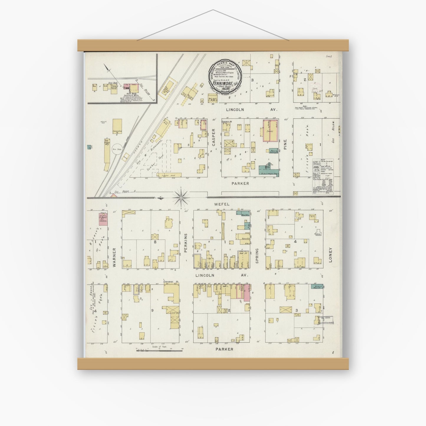 Old map wall art mockup — magnetic wood frame on white wall — Sanborn Fire Insurance Map from Fennimore, Grant County, Wisconsin (1894), Sheet #0001