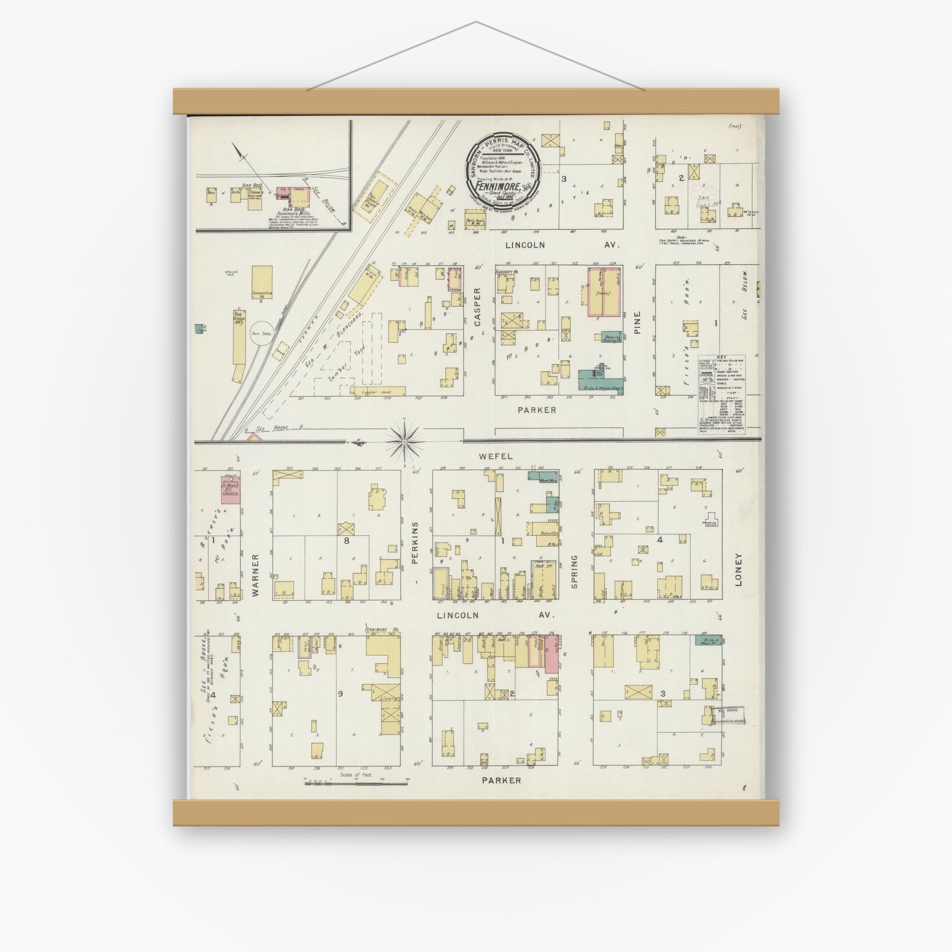 Old map wall art mockup — magnetic wood frame on white wall — Sanborn Fire Insurance Map from Fennimore, Grant County, Wisconsin (1894), Sheet #0001