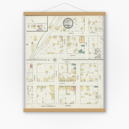 Old map wall art mockup — magnetic wood frame on white wall — Sanborn Fire Insurance Map from Fennimore, Grant County, Wisconsin (1894), Sheet #0001