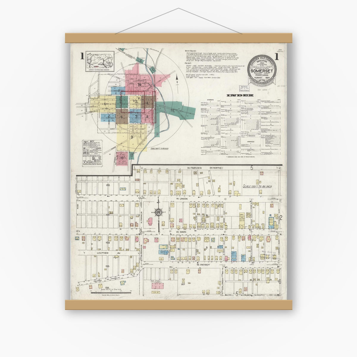 Old map wall art mockup — magnetic wood frame on white wall — Sanborn Fire Insurance Map from Somerset, Somerset County, Pennsylvania (1924) - Complete Map Set