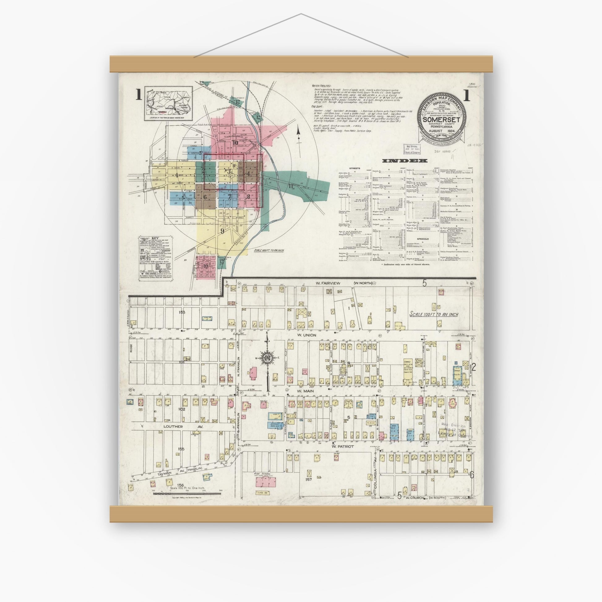 Old map wall art mockup — magnetic wood frame on white wall — Sanborn Fire Insurance Map from Somerset, Somerset County, Pennsylvania (1924) - Complete Map Set