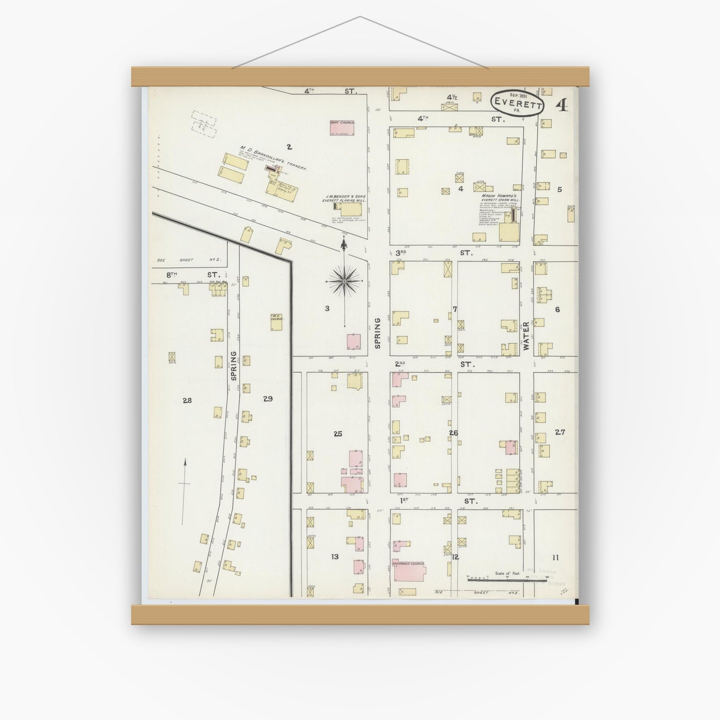 Old map wall art mockup — magnetic wood frame on white wall — Sanborn Fire Insurance Map from Everett, Bedford County, Pennsylvania (1891), Sheet #0004
