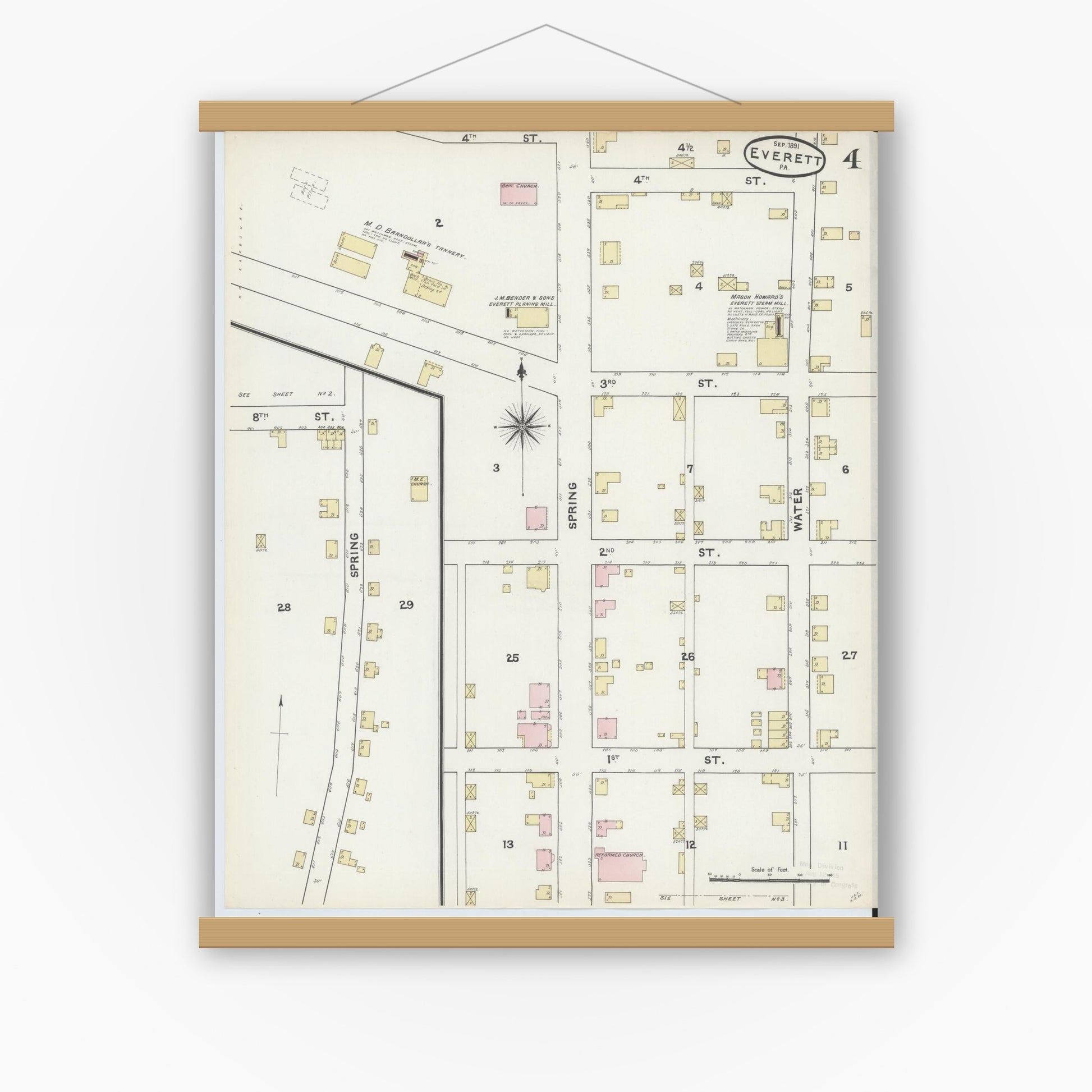Old map wall art mockup — magnetic wood frame on white wall — Sanborn Fire Insurance Map from Everett, Bedford County, Pennsylvania (1891), Sheet #0004