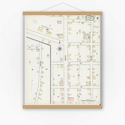 Old map wall art mockup — magnetic wood frame on white wall — Sanborn Fire Insurance Map from Everett, Bedford County, Pennsylvania (1891), Sheet #0004