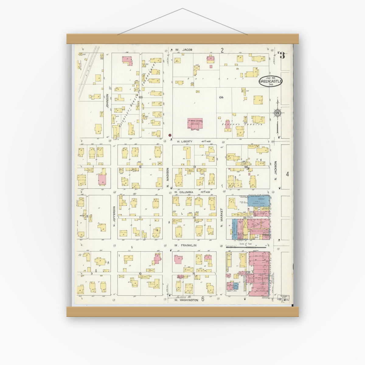 Old map wall art mockup — magnetic wood frame on white wall — Sanborn Fire Insurance Map from Greencastle, Putnam County, Indiana (1913), Sheet #0003