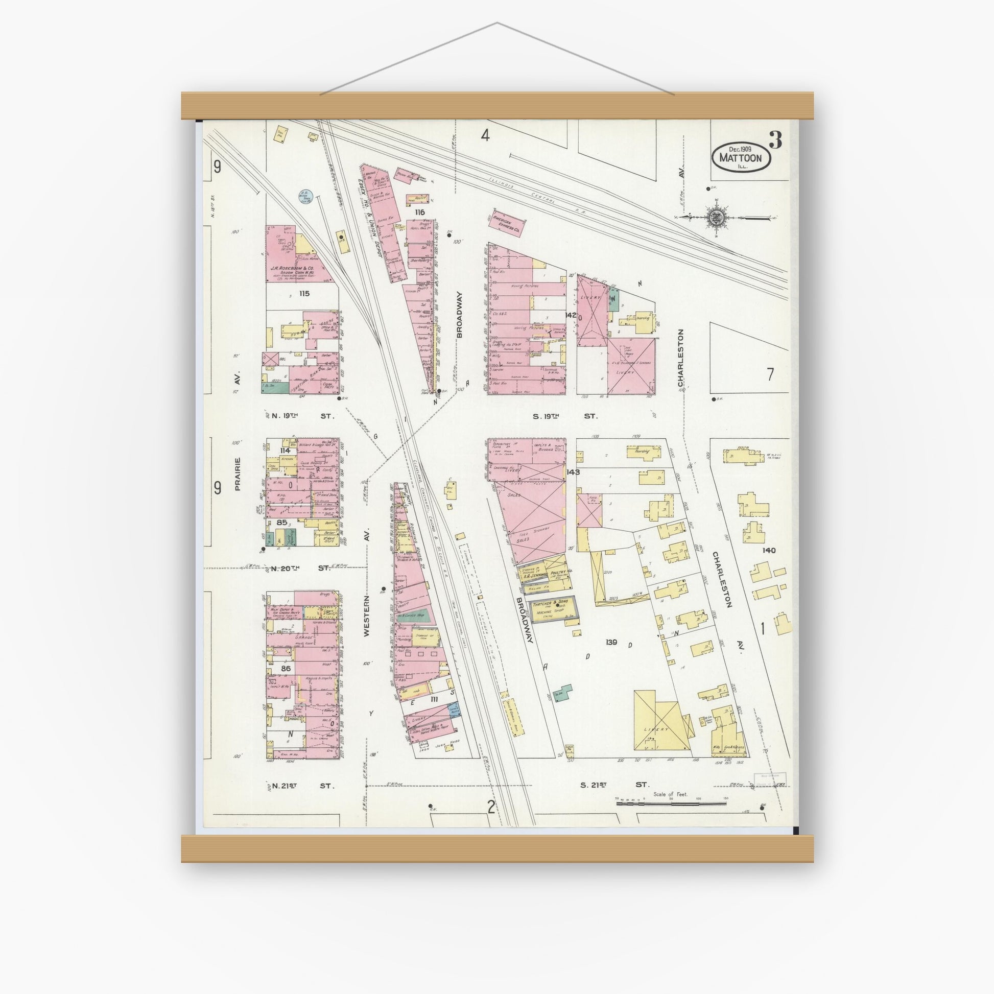 Old map wall art mockup — magnetic wood frame on white wall — Sanborn Fire Insurance Map from Mattoon, Coles County, Illinois (1909), Sheet #0003