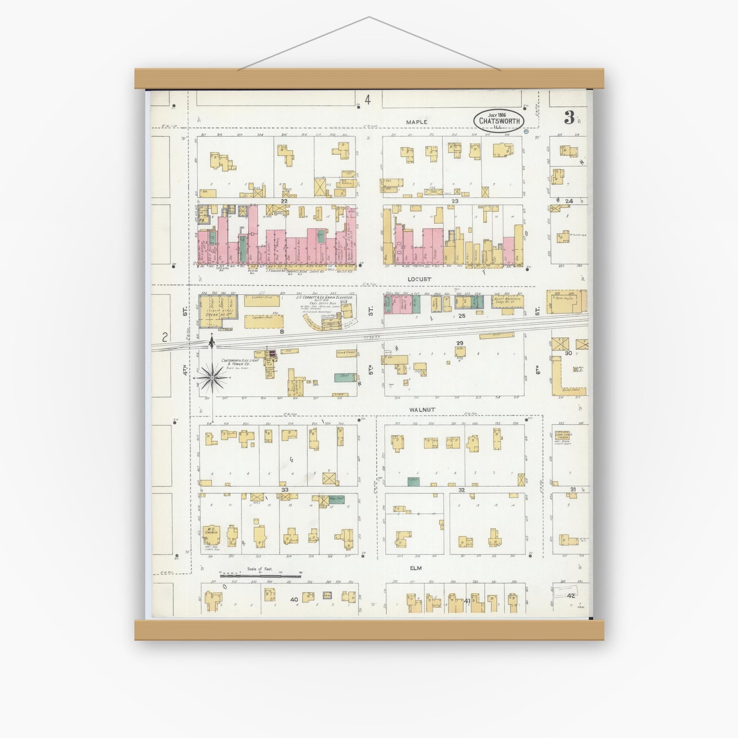 Old map wall art mockup — magnetic wood frame on white wall — Sanborn Fire Insurance Map from Chatsworth, Livingston County, Illinois (1906), Sheet #0003