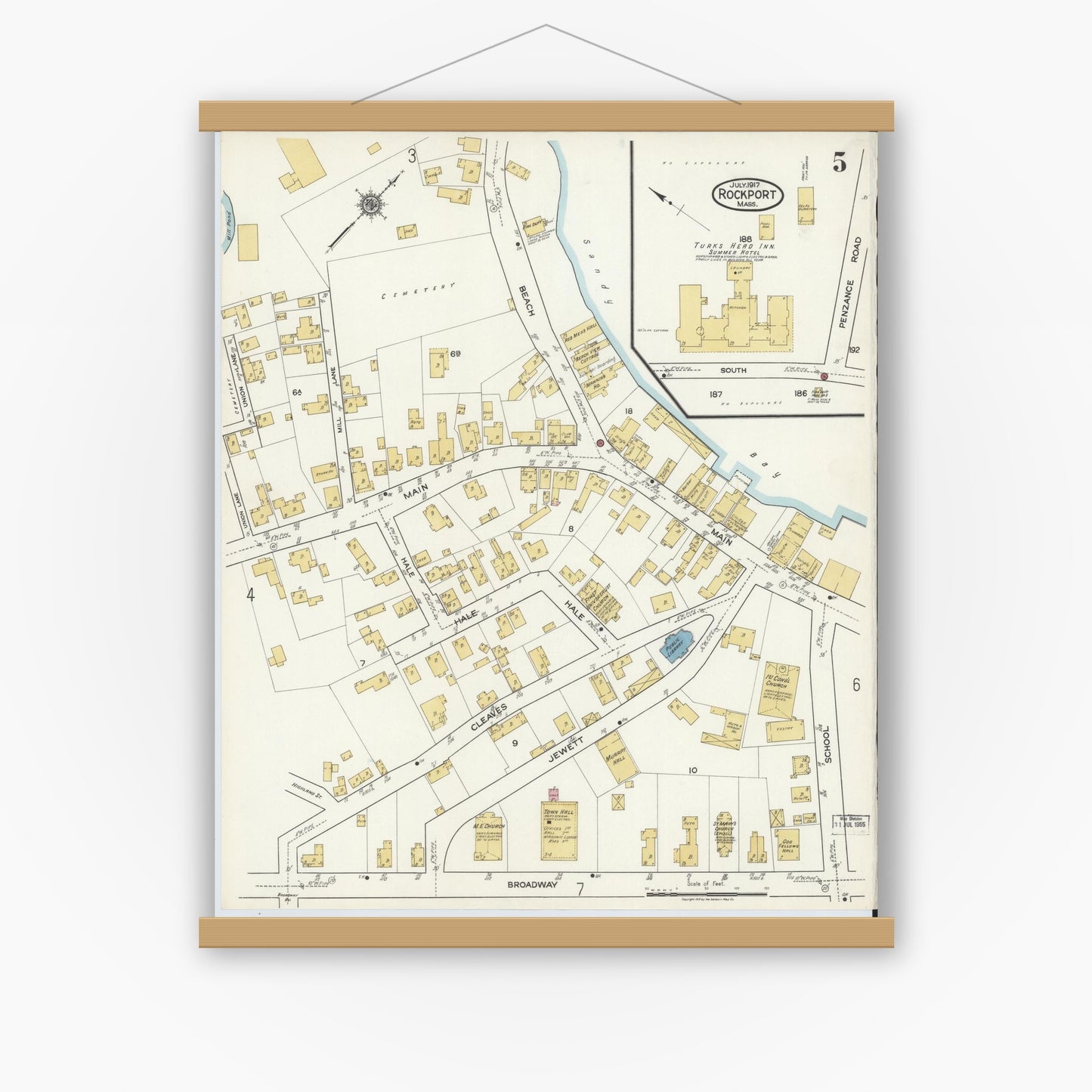 Old map wall art mockup — magnetic wood frame on white wall — Sanborn Fire Insurance Map from Rockport, Essex County, Massachusetts (1917), Sheet #0005