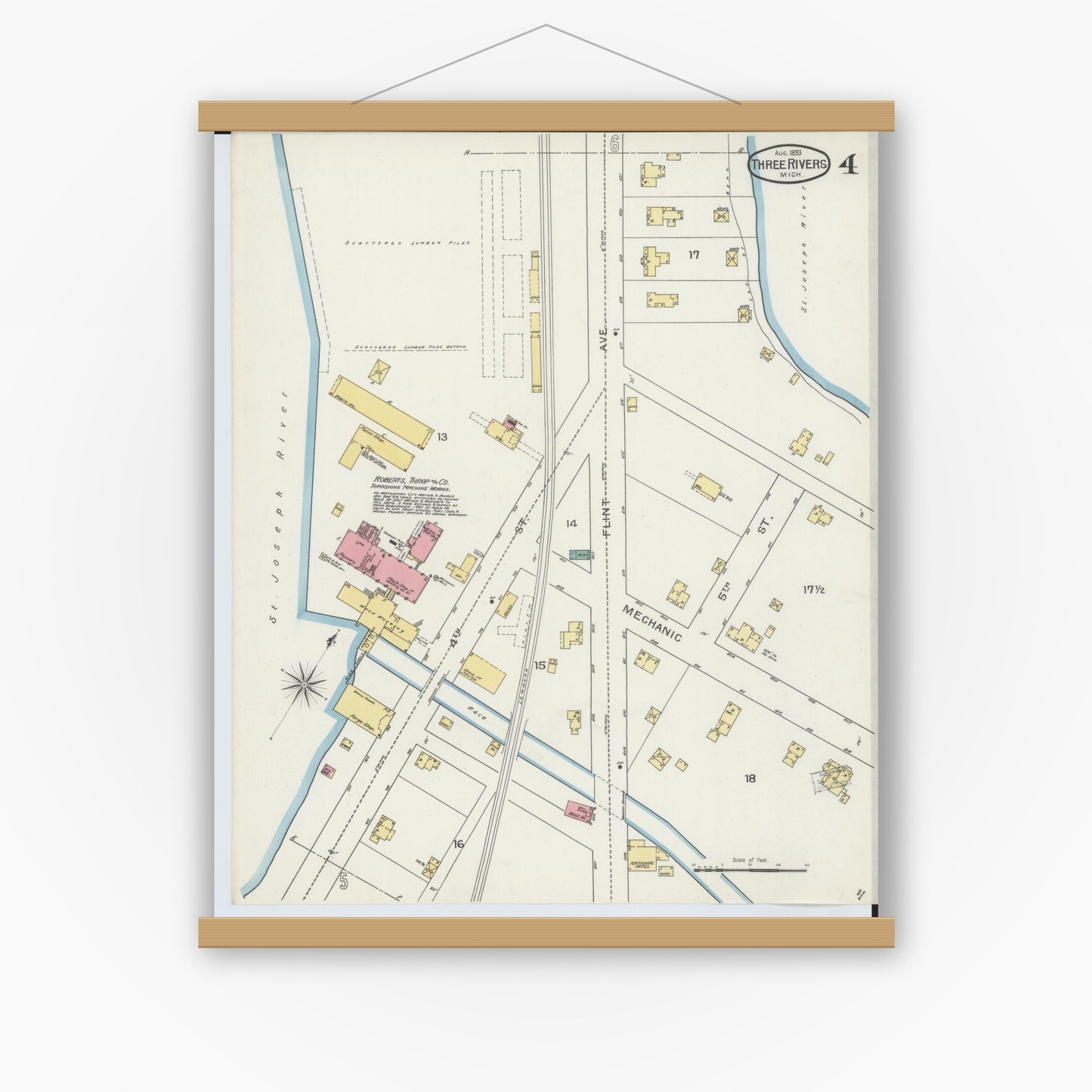 Old map wall art mockup — magnetic wood frame on white wall — Sanborn Fire Insurance Map from Three Rivers, Saint Joseph County, Michigan (1893), Sheet #0004