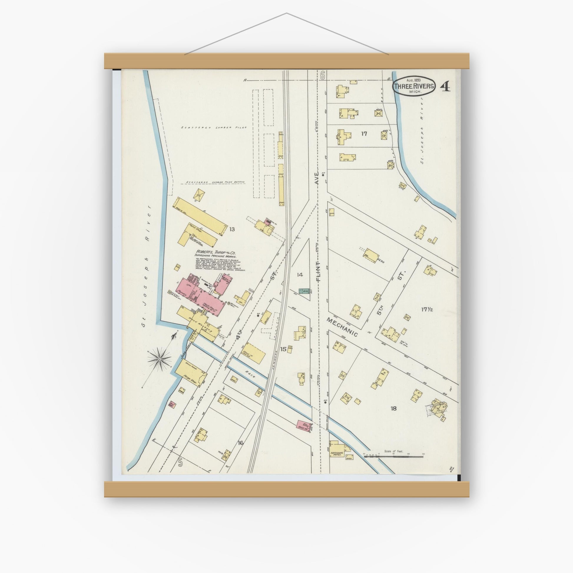 Old map wall art mockup — magnetic wood frame on white wall — Sanborn Fire Insurance Map from Three Rivers, Saint Joseph County, Michigan (1893), Sheet #0004