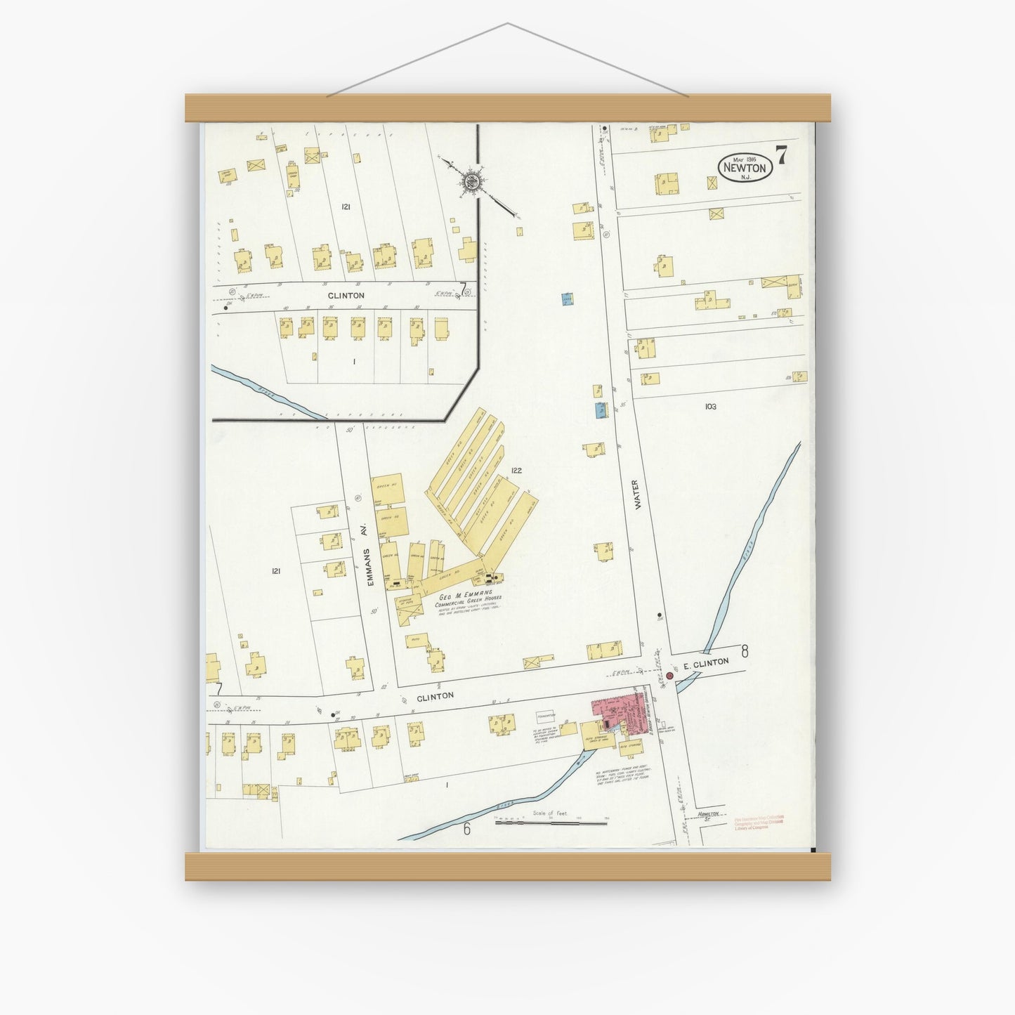 Old map wall art mockup — magnetic wood frame on white wall — Sanborn Fire Insurance Map from Newton, Sussex County, New Jersey (1916), Sheet #0007