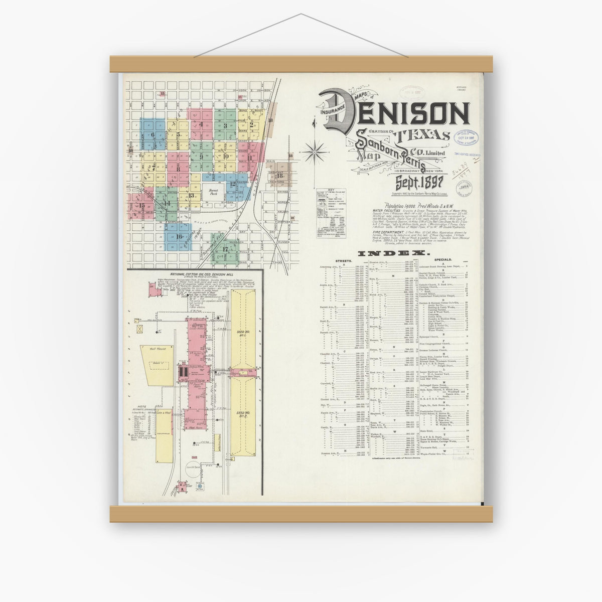 Old map wall art mockup — magnetic wood frame on white wall — Sanborn Fire Insurance Map from Denison, Grayson County, Texas (1897), Sheet #0001