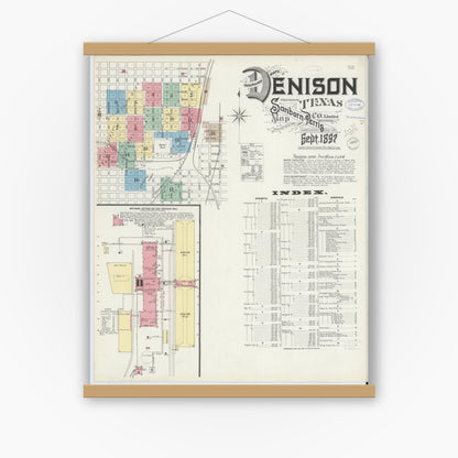 Old map wall art mockup — magnetic wood frame on white wall — Sanborn Fire Insurance Map from Denison, Grayson County, Texas (1897), Sheet #0001