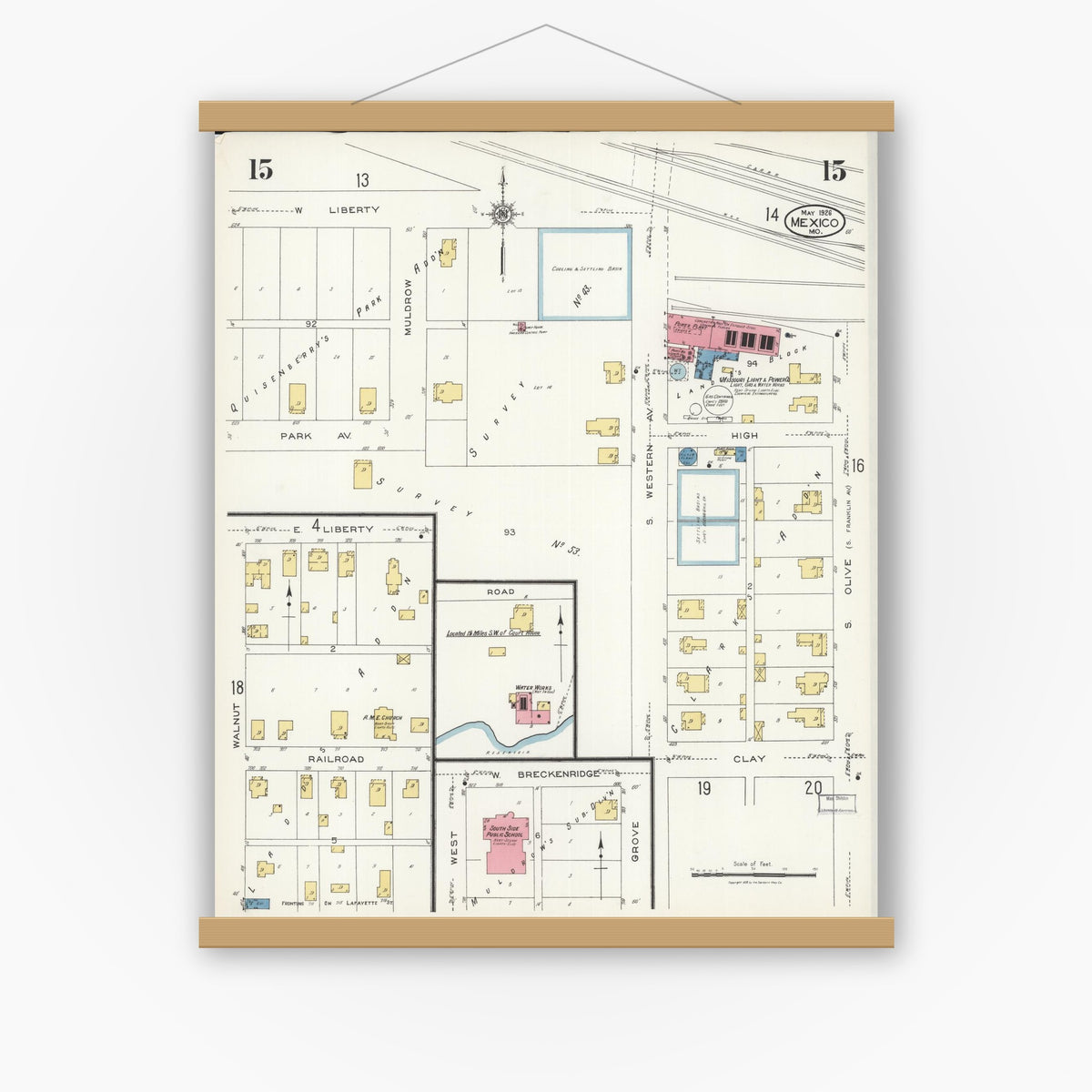 Old map wall art mockup — magnetic wood frame on white wall — Sanborn Fire Insurance Map from Mexico, Audrain County, Missouri (1926), Sheet #0015