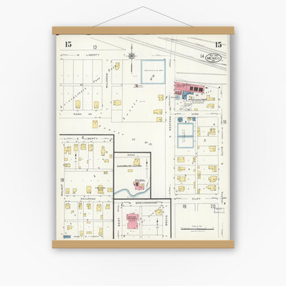 Old map wall art mockup — magnetic wood frame on white wall — Sanborn Fire Insurance Map from Mexico, Audrain County, Missouri (1926), Sheet #0015