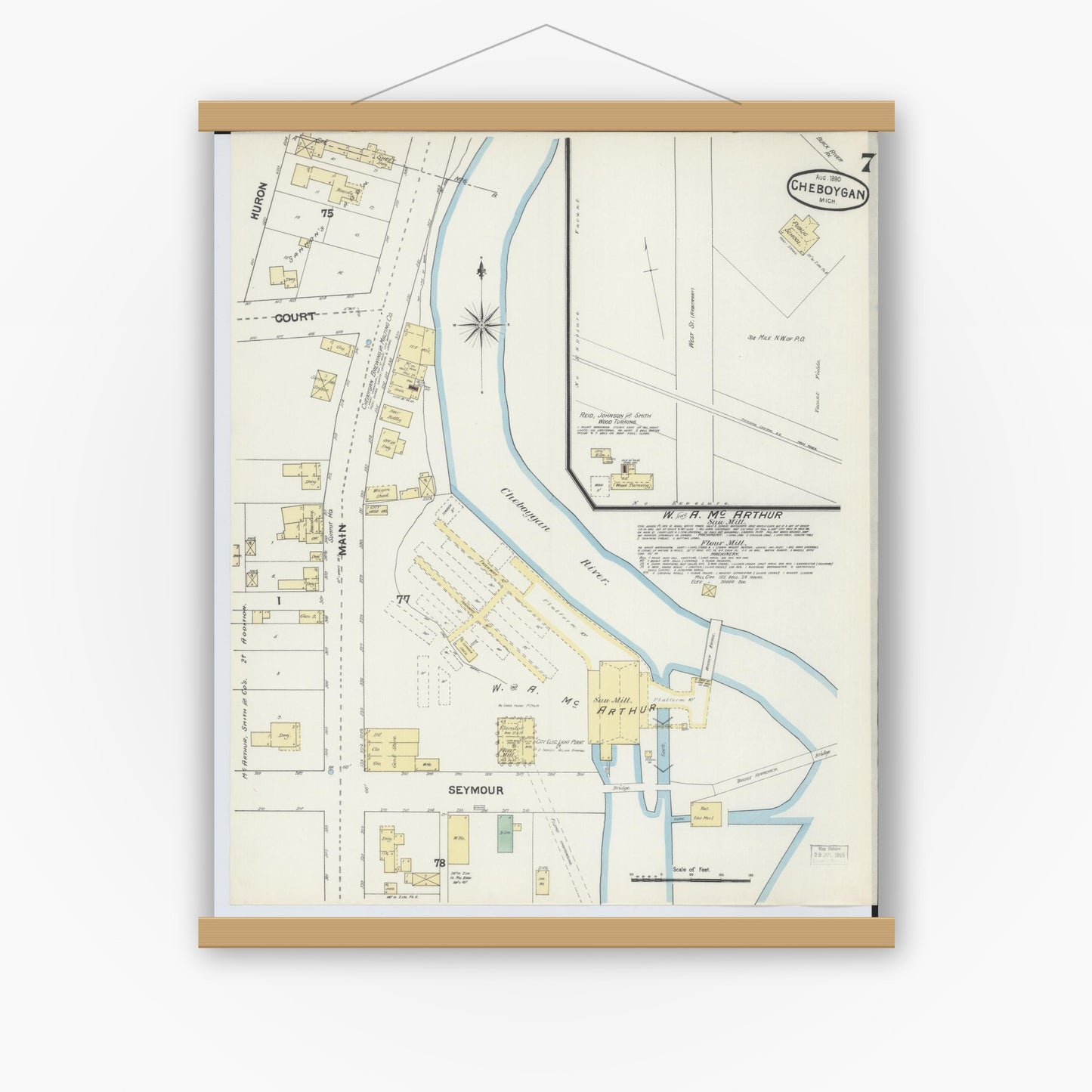 Old map wall art mockup — magnetic wood frame on white wall — Sanborn Fire Insurance Map from Cheboygan, Cheboygan County, Michigan (1890), Sheet #0007