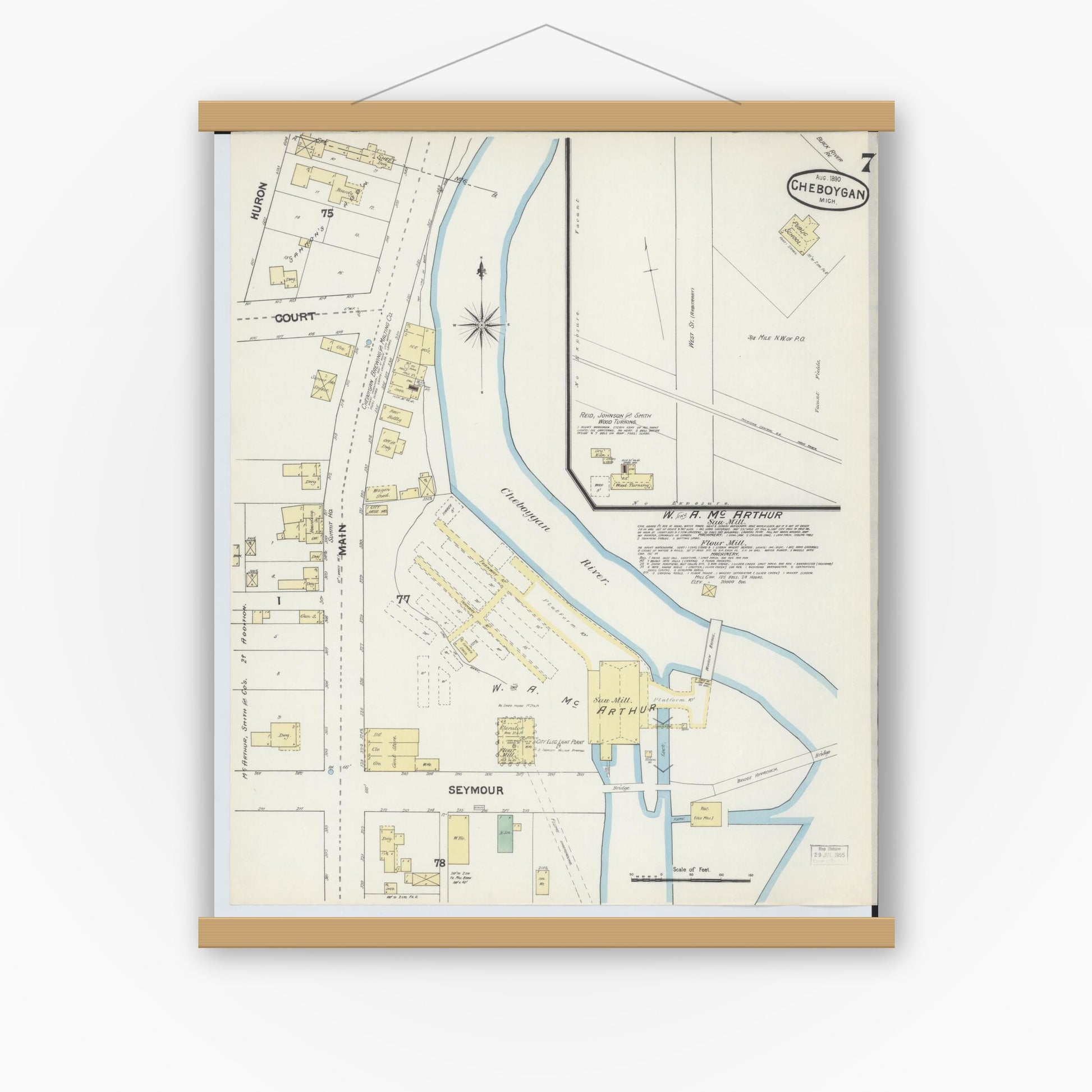 Old map wall art mockup — magnetic wood frame on white wall — Sanborn Fire Insurance Map from Cheboygan, Cheboygan County, Michigan (1890), Sheet #0007