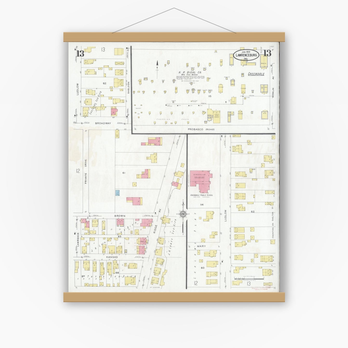 Old map wall art mockup — magnetic wood frame on white wall — Sanborn Fire Insurance Map from Lawrenceburg, Dearborn County, Indiana (1931), Sheet #0013