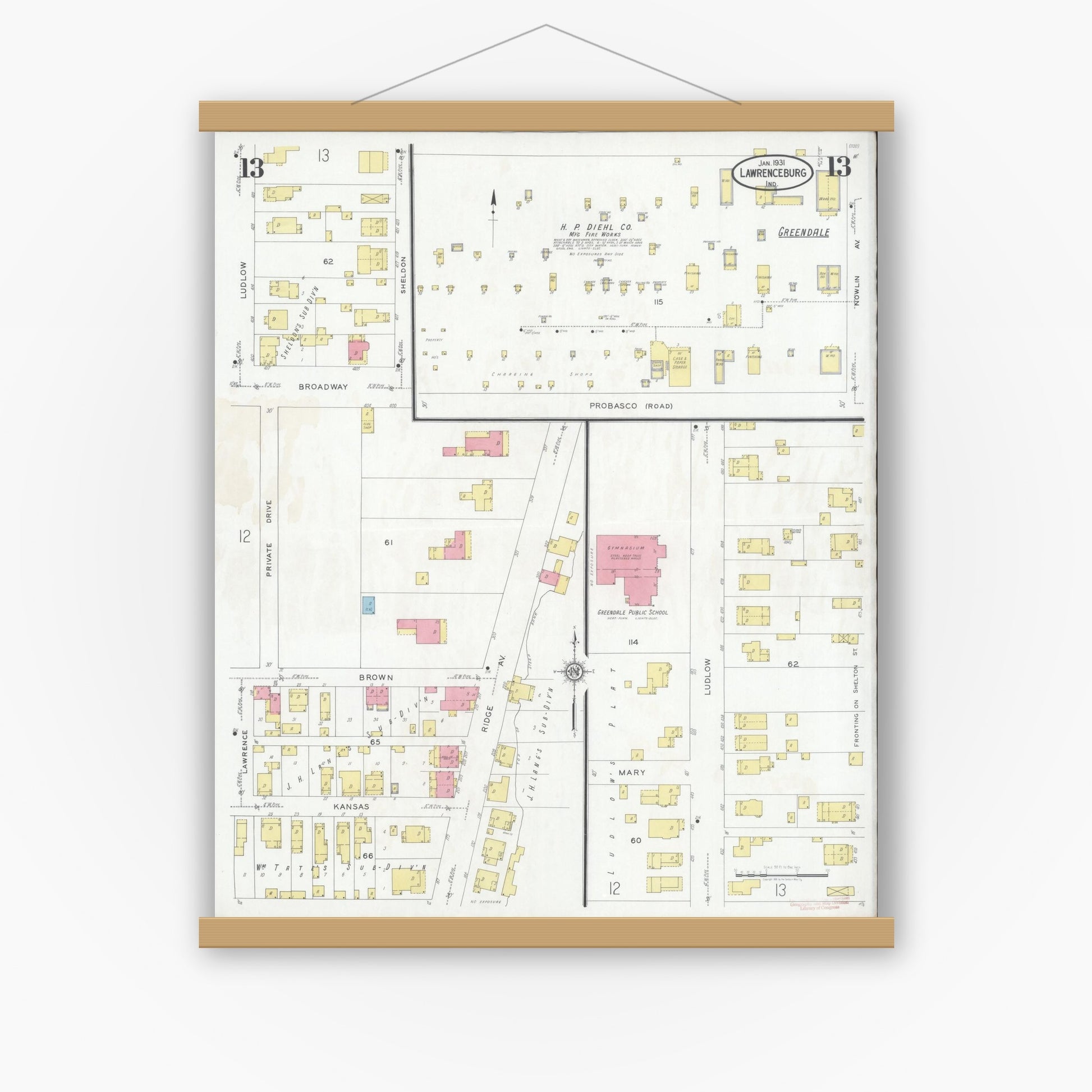 Old map wall art mockup — magnetic wood frame on white wall — Sanborn Fire Insurance Map from Lawrenceburg, Dearborn County, Indiana (1931), Sheet #0013