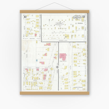 Old map wall art mockup — magnetic wood frame on white wall — Sanborn Fire Insurance Map from Lawrenceburg, Dearborn County, Indiana (1931), Sheet #0013