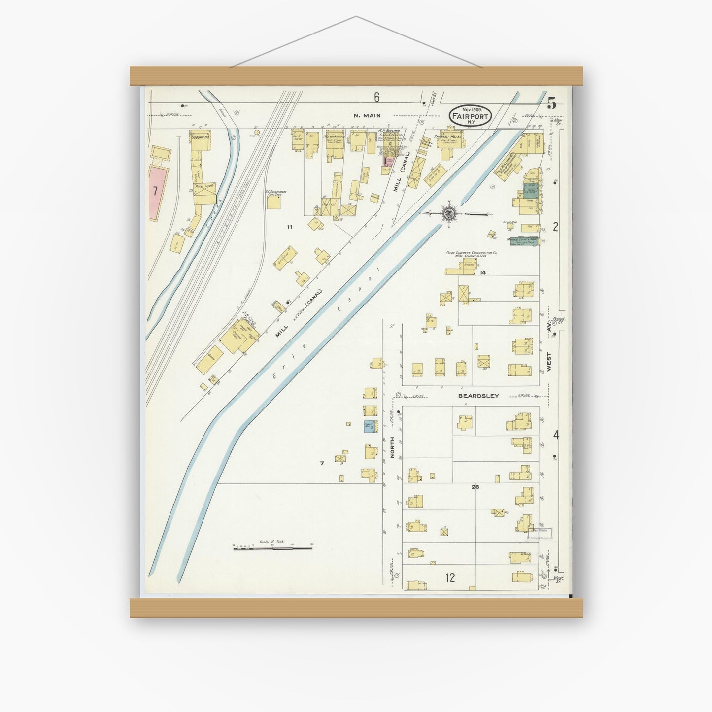 Old map wall art mockup — magnetic wood frame on white wall — Sanborn Fire Insurance Map from Fairport, Monroe County, New York (1909), Sheet #0005