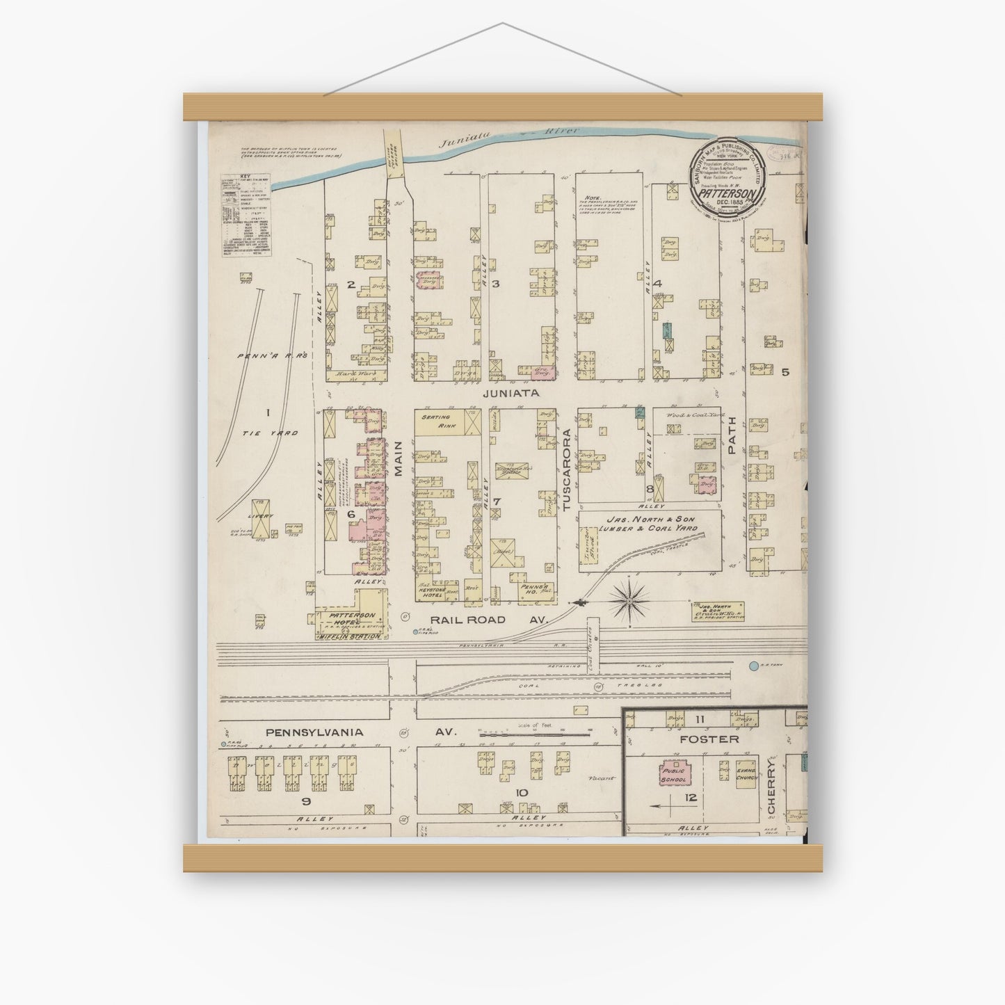 Old map wall art mockup — magnetic wood frame on white wall — Sanborn Fire Insurance Map from Patterson, Juniata County, Pennsylvania (1885), Sheet #0001