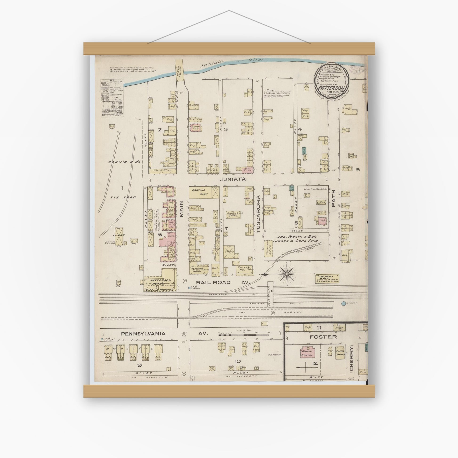 Old map wall art mockup — magnetic wood frame on white wall — Sanborn Fire Insurance Map from Patterson, Juniata County, Pennsylvania (1885), Sheet #0001