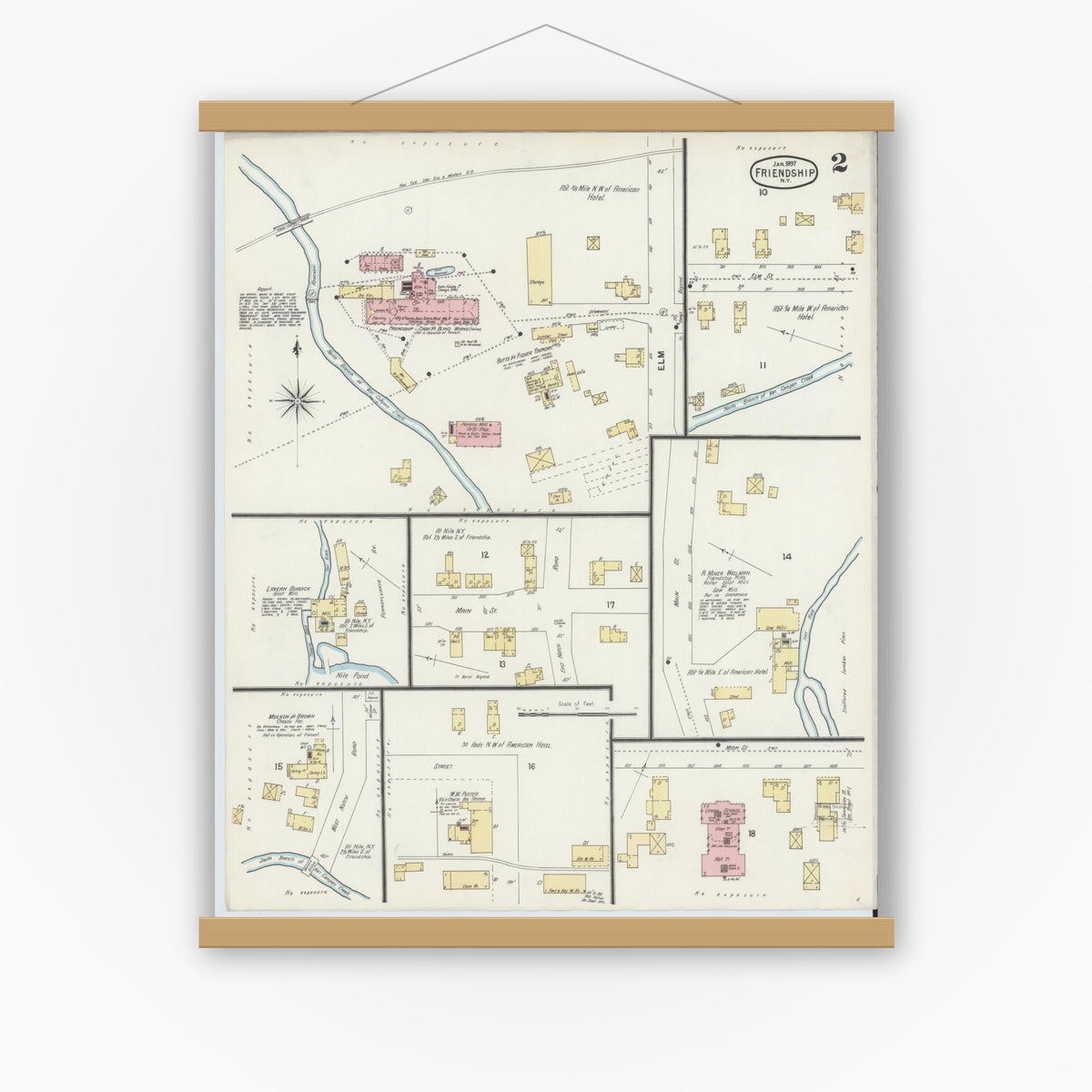 Old map wall art mockup — magnetic wood frame on white wall — Sanborn Fire Insurance Map from Friendship, Allegany County, New York (1897), Sheet #0002