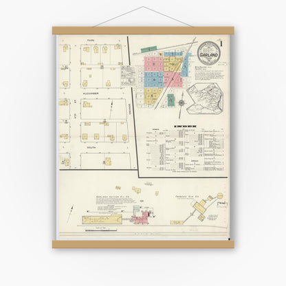 Old map wall art mockup — magnetic wood frame on white wall — Sanborn Fire Insurance Map from Garland, Dallas County, Texas (1915) - Complete Map Set