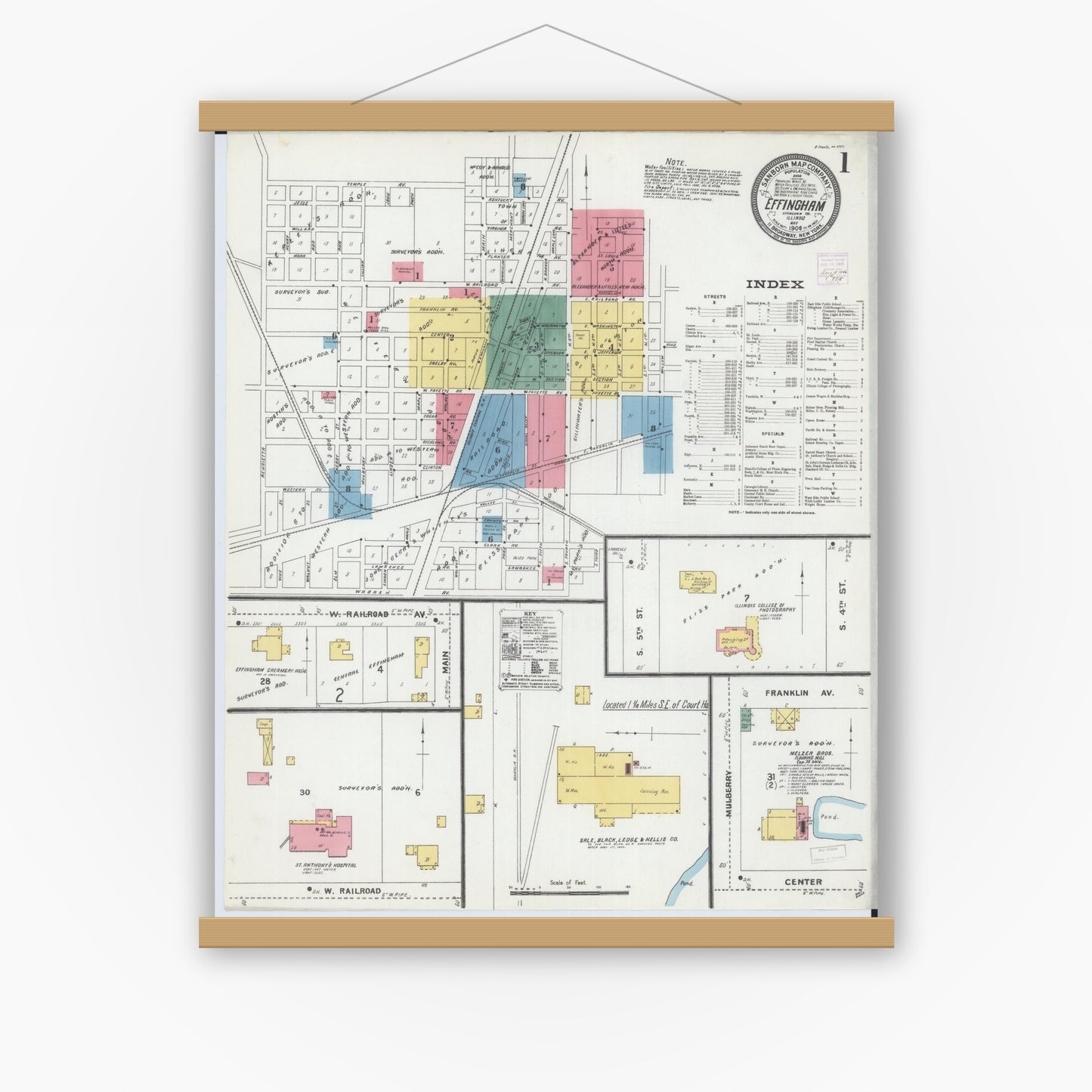 Old map wall art mockup — magnetic wood frame on white wall — Sanborn Fire Insurance Map from Effingham, Effingham County, Illinois (1906), Sheet #0001