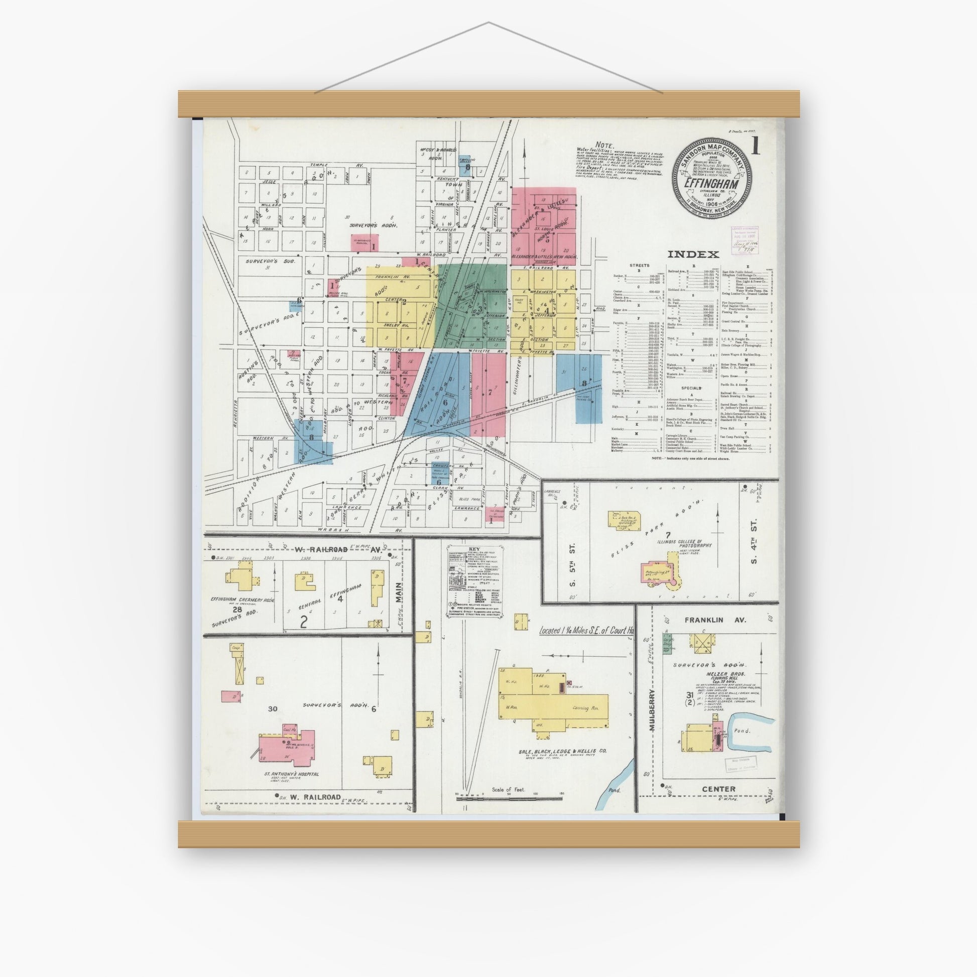 Old map wall art mockup — magnetic wood frame on white wall — Sanborn Fire Insurance Map from Effingham, Effingham County, Illinois (1906), Sheet #0001
