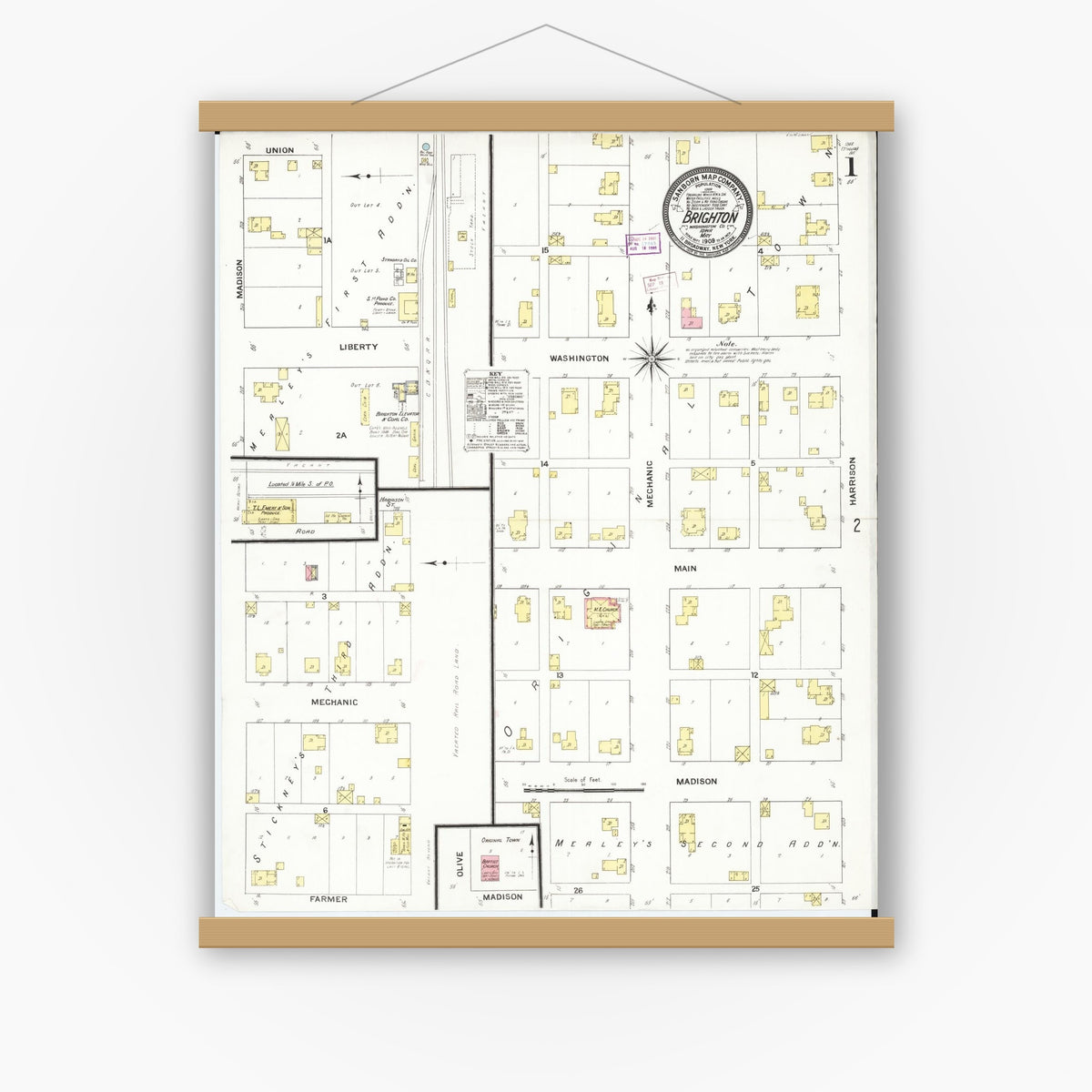 Old map wall art mockup — magnetic wood frame on white wall — Sanborn Fire Insurance Map from Brighton, Washington County, Iowa (1909), Sheet #0001