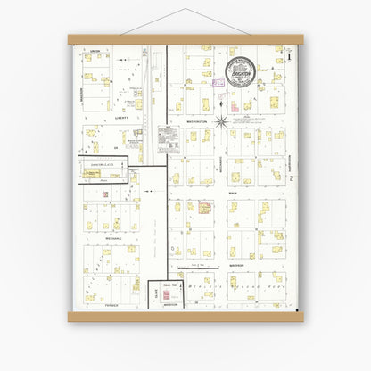 Old map wall art mockup — magnetic wood frame on white wall — Sanborn Fire Insurance Map from Brighton, Washington County, Iowa (1909), Sheet #0001