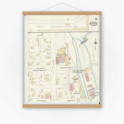 Old map wall art mockup — magnetic wood frame on white wall — Sanborn Fire Insurance Map from Big Rapids, Mecosta County, Michigan (1914), Sheet #0003