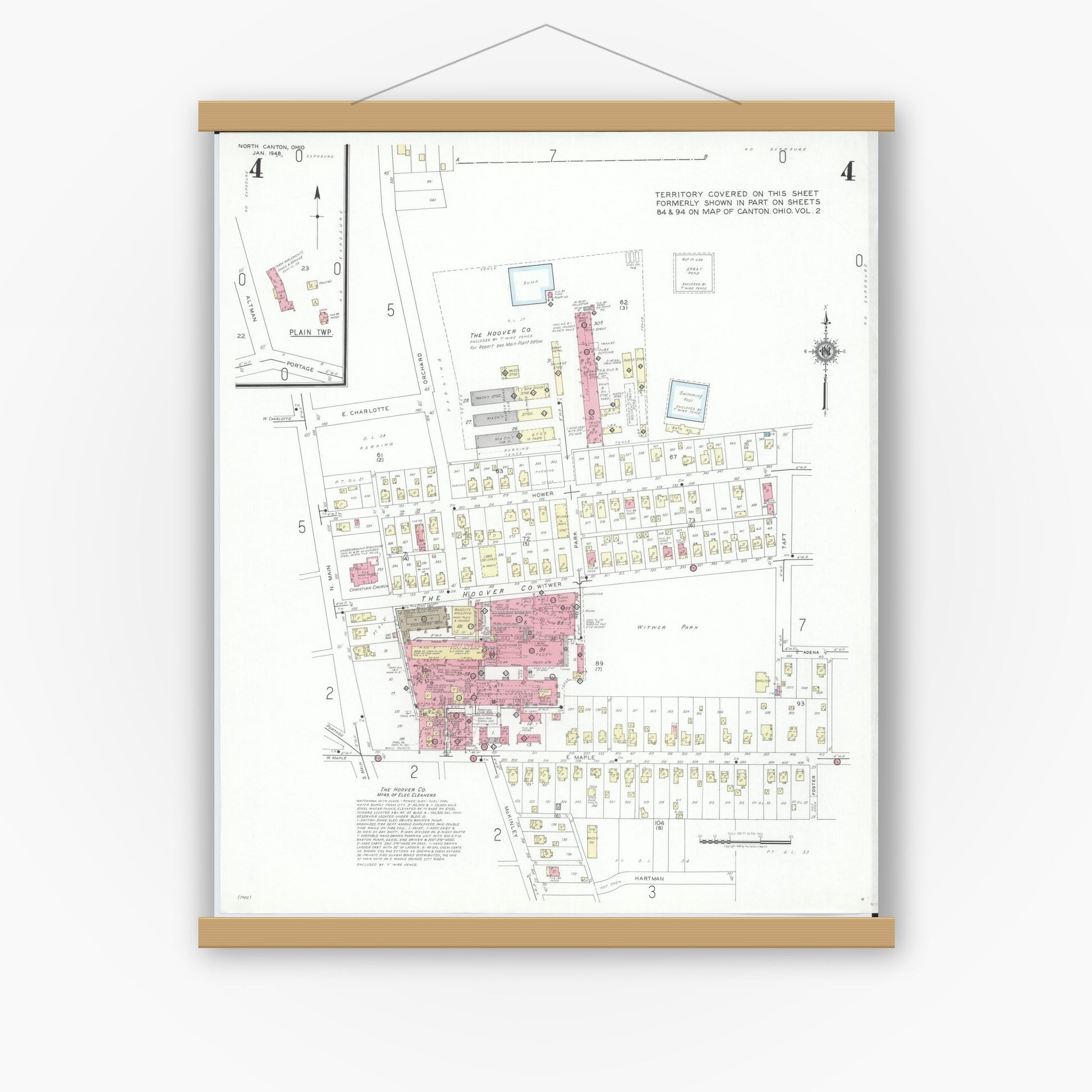 Old map wall art mockup — magnetic wood frame on white wall — Sanborn Fire Insurance Map from North Canton, Stark County, Ohio (1948), Sheet #0004