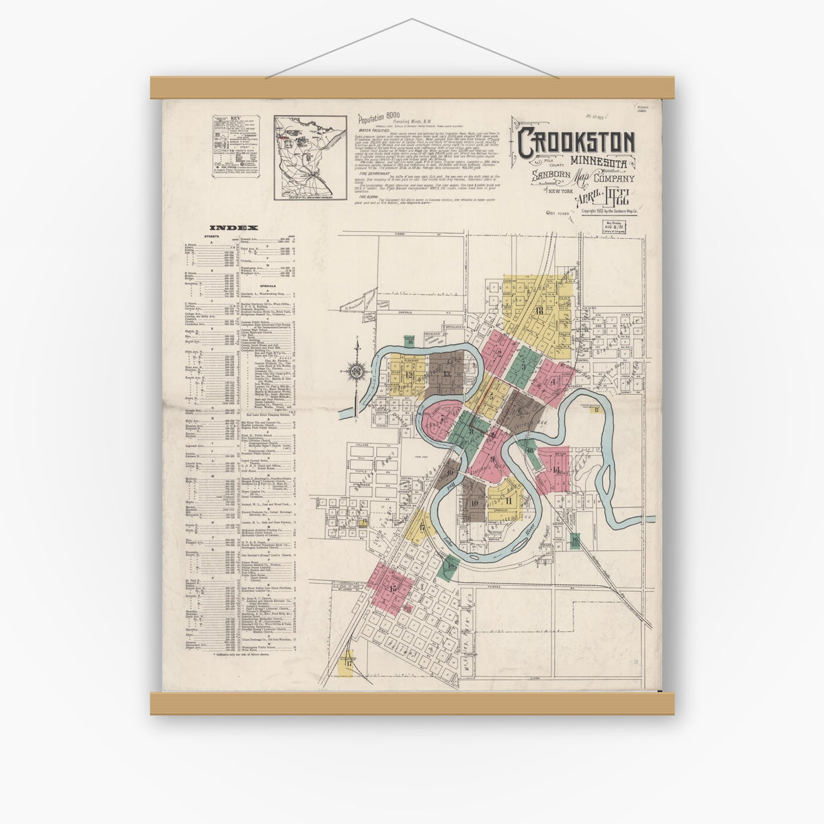 Old map wall art mockup — magnetic wood frame on white wall — Sanborn Fire Insurance Map from Crookston, Polk County, Minnesota (1922) - Complete Map Set