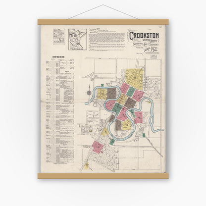Old map wall art mockup — magnetic wood frame on white wall — Sanborn Fire Insurance Map from Crookston, Polk County, Minnesota (1922) - Complete Map Set